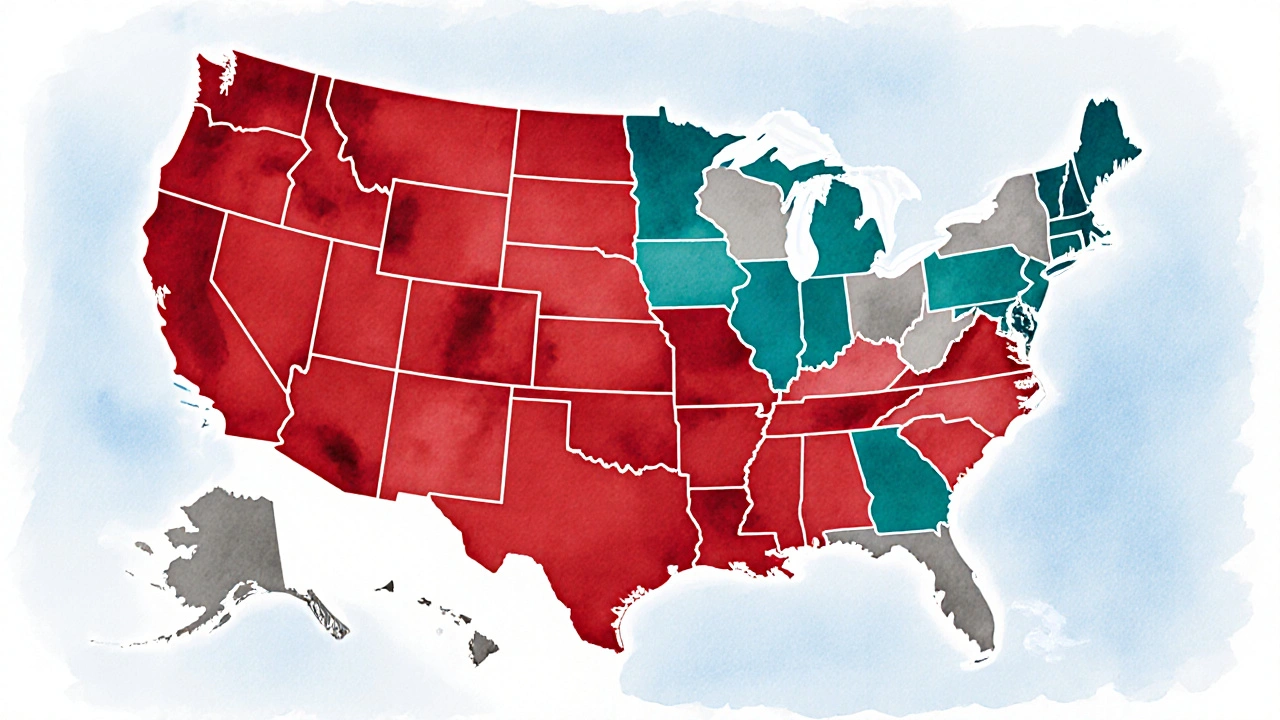 Mapa USA s červeně zvýrazněnými státy, kde je HHC zakázáno.