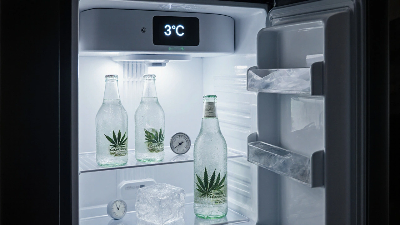 Otevřená chladnička s konopnými nápoji v skleněných lahvích při 3 °C.