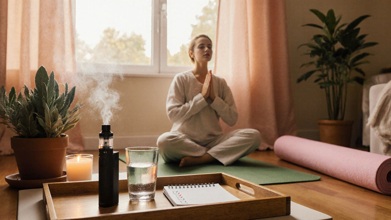 Pohodlný interiér s CBD vaporizérem, poznámkami, rostlinou a osobou dýchající zhluboka, osvětlený zlatým svitem.