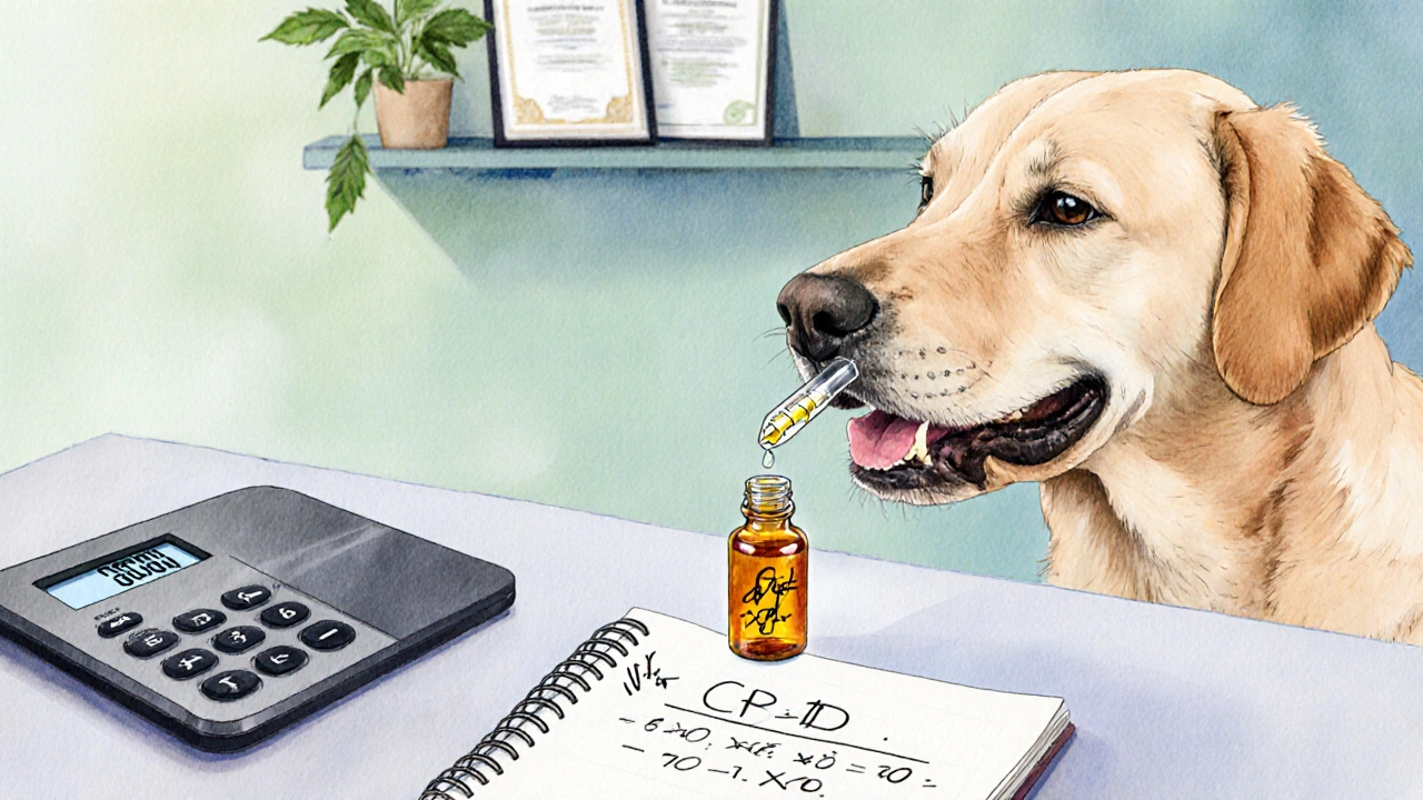 Veterinářská scénka s váhou, kalkulačkou a kapátkem měřícím dávku pro labradora.