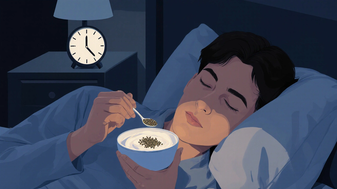Person adding hemp seeds to yogurt in bedroom at night