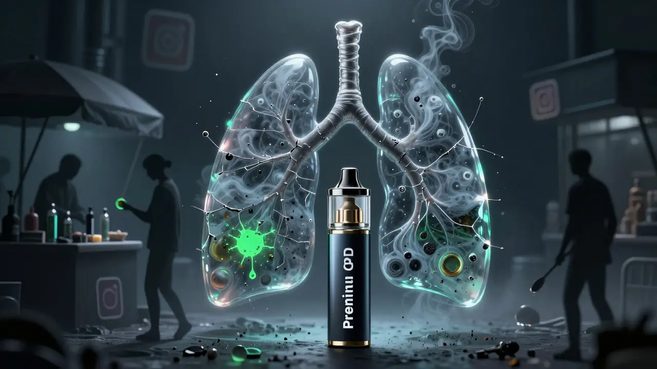 Skleněný plicní tkáň naplněná chemikáliemi z vape, zatímco lidé kupují nebezpečné produkty na trhu a online.