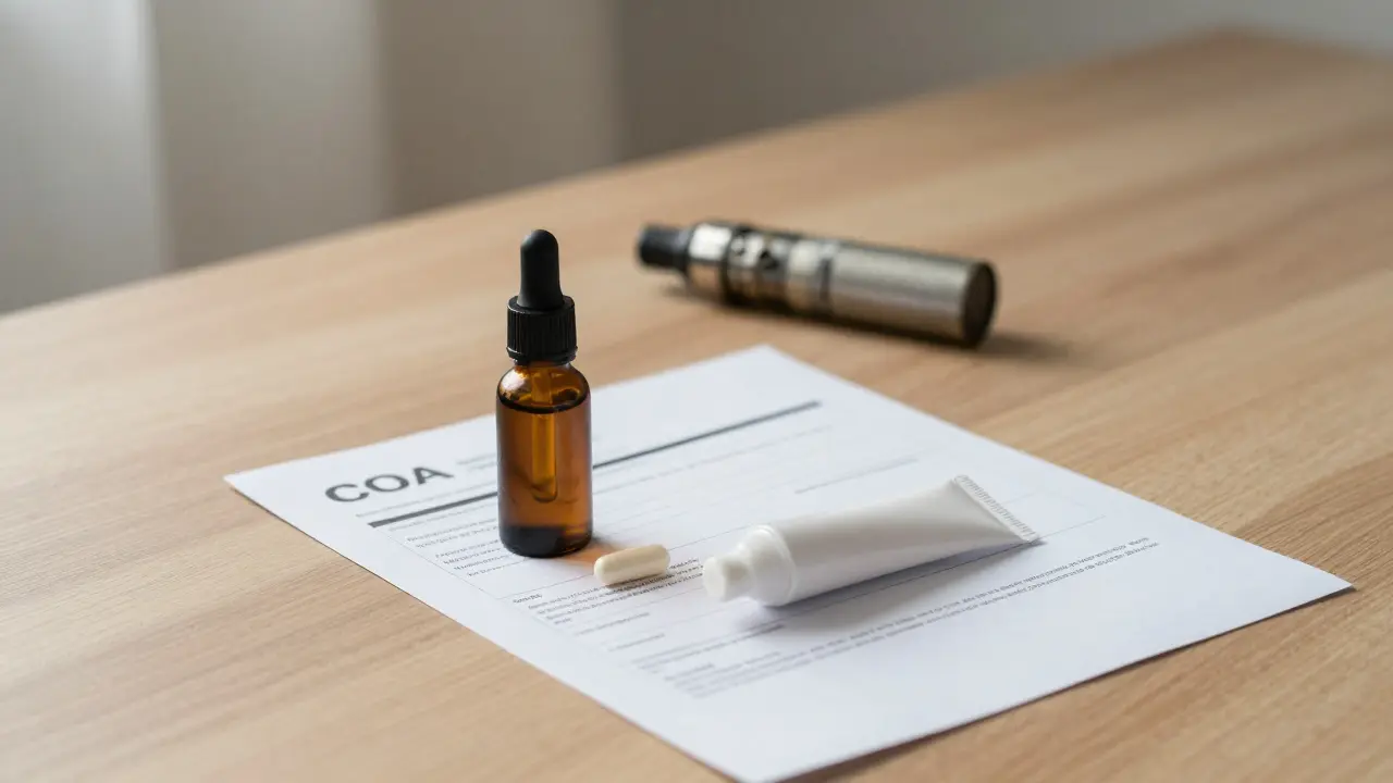 Tři bezpečné alternativy k vape: kapky, kapsle a krém, vedle laboratorního výsledku COA, v klidném osvětlení.