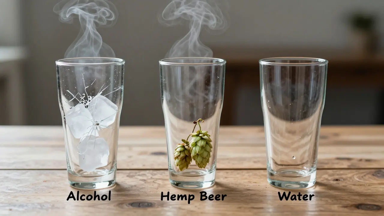 Tři prázdné pivní sklenice na dřevěném stole, symbolizující alkohol, konopné pivo a vodu.