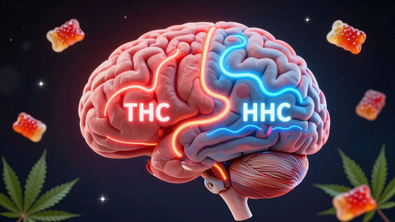Schematiczný náčrt mozku s dvěma cestami apetitu: THC a HHC, s gummy a CBD listy.