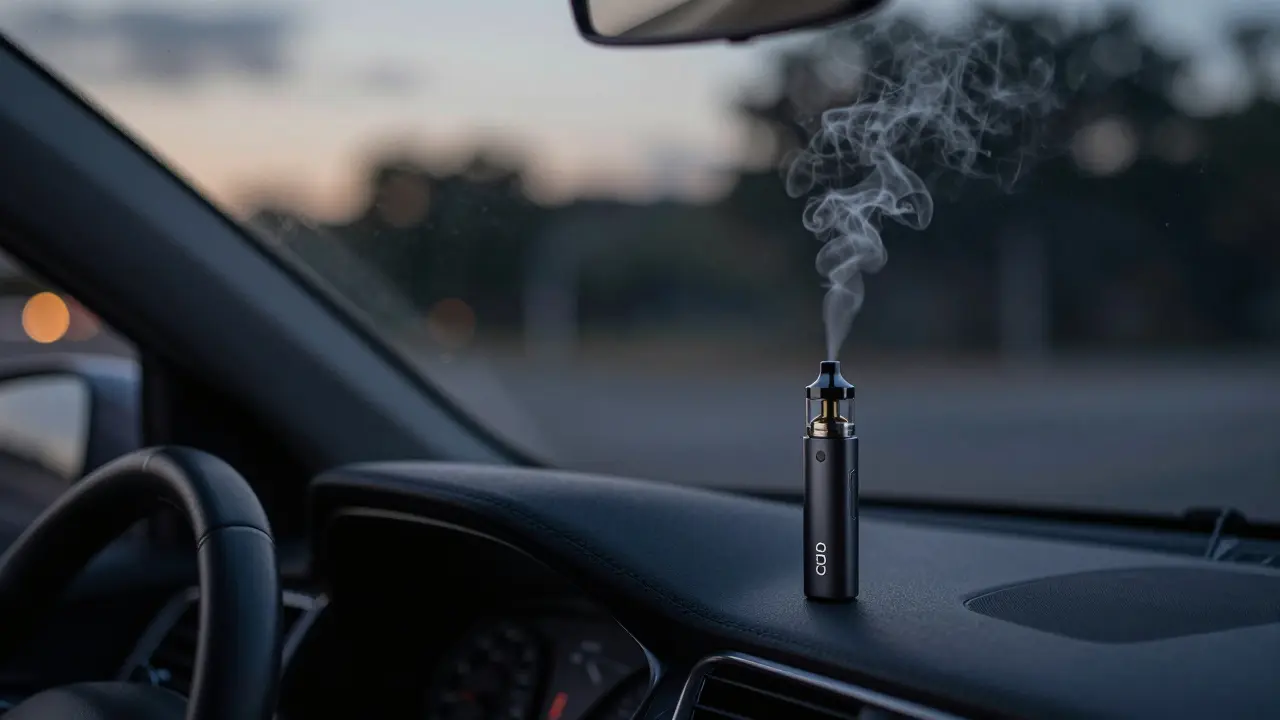 CBD vape v autě vypouští jen minimální páru, okno je otevřené, aby se vůně rozptýlila.