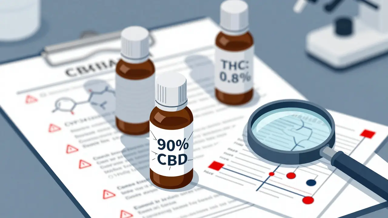 Laboratorní stůl s třemi láhvemi CBD oleje a laboratorním výsledkem s červenými varováními.