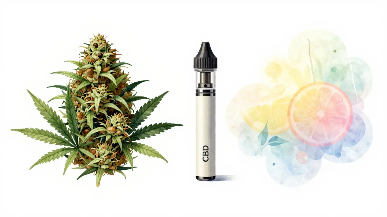 Porovnání vůně marihuany a CBD vape pomocí barevných oblaků – citrusová a vanilková vůně vs. zemní aroma.
