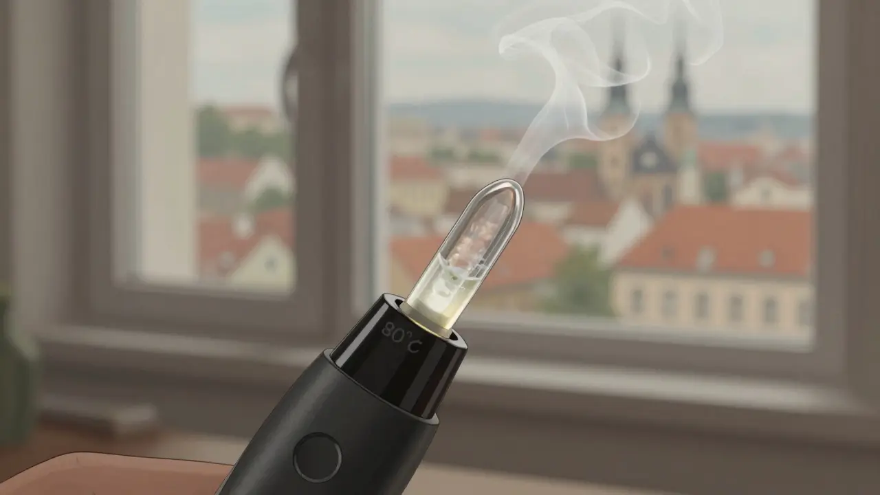 Čistý dab pen s CBD shatterem při optimální teplotě, v pozadí otevřené okno a jemný vítr.