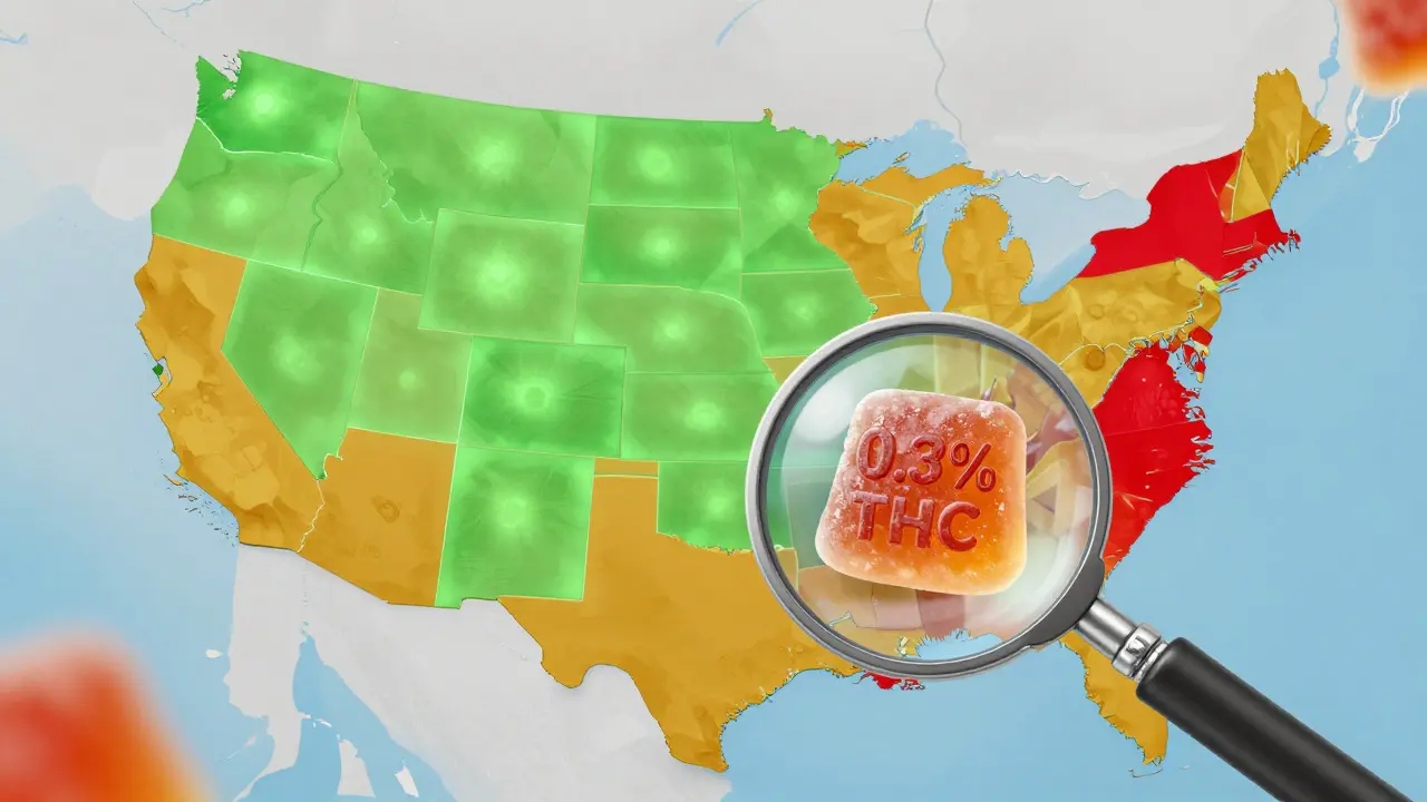 Mapa USA s barevnými zónami legálních, omezených a zakázaných států pro CBD