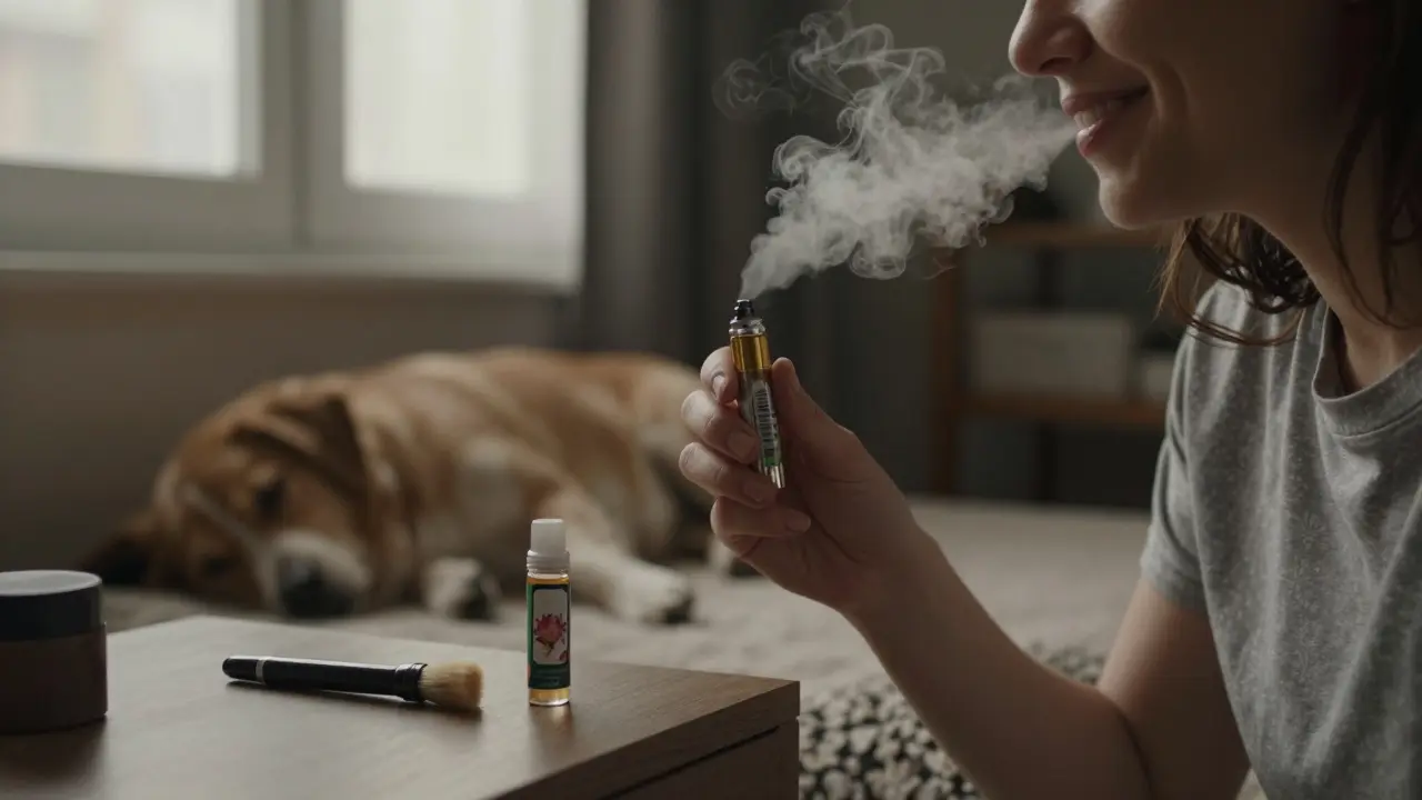Osoba používá dab pen v ložnici, pes spí na podlaze, okno je otevřené a páry se rychle rozplynou.