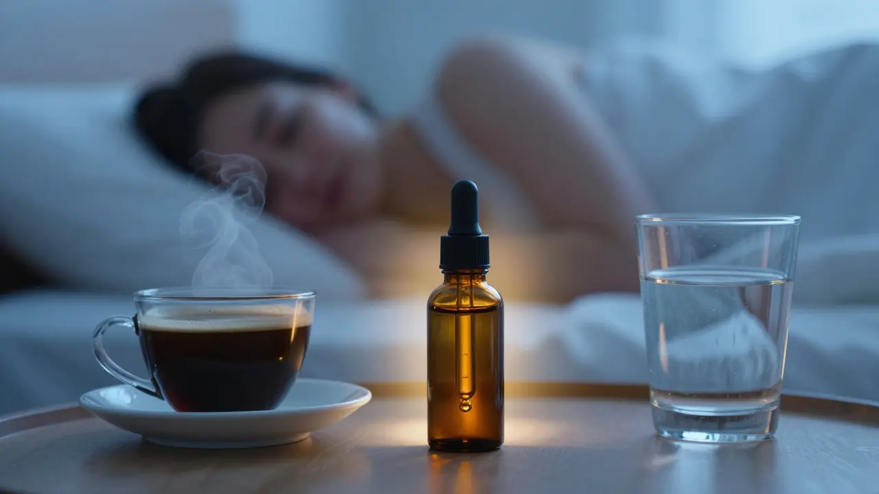 CBD olej, černá káva a klidná atmosféra doporučující regeneraci.