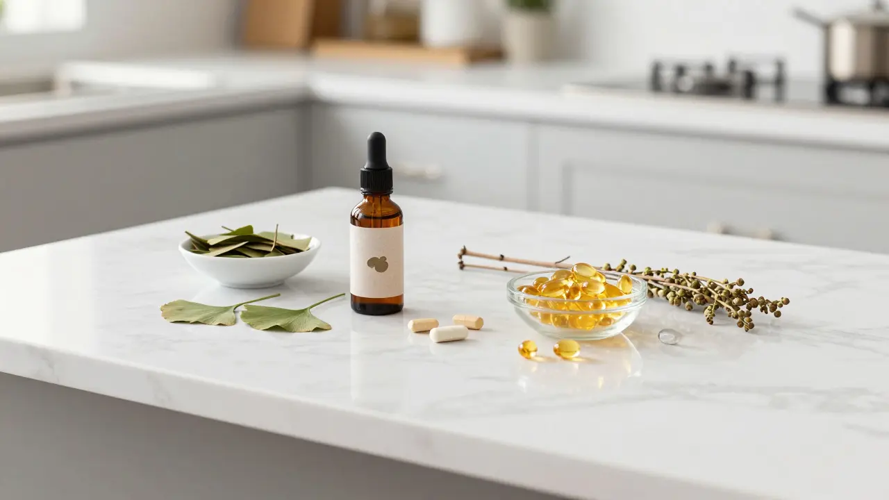 CBD olej v blízkosti doplňků stravy jako Ginkgo biloba a Omega-3 na mramorovém stole.