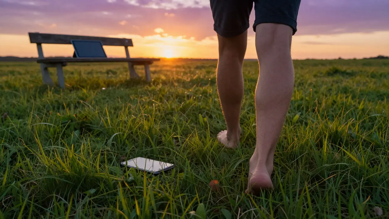 Člověk procházení bosý trávou při západu slunce v rámci digitálního detoxu.