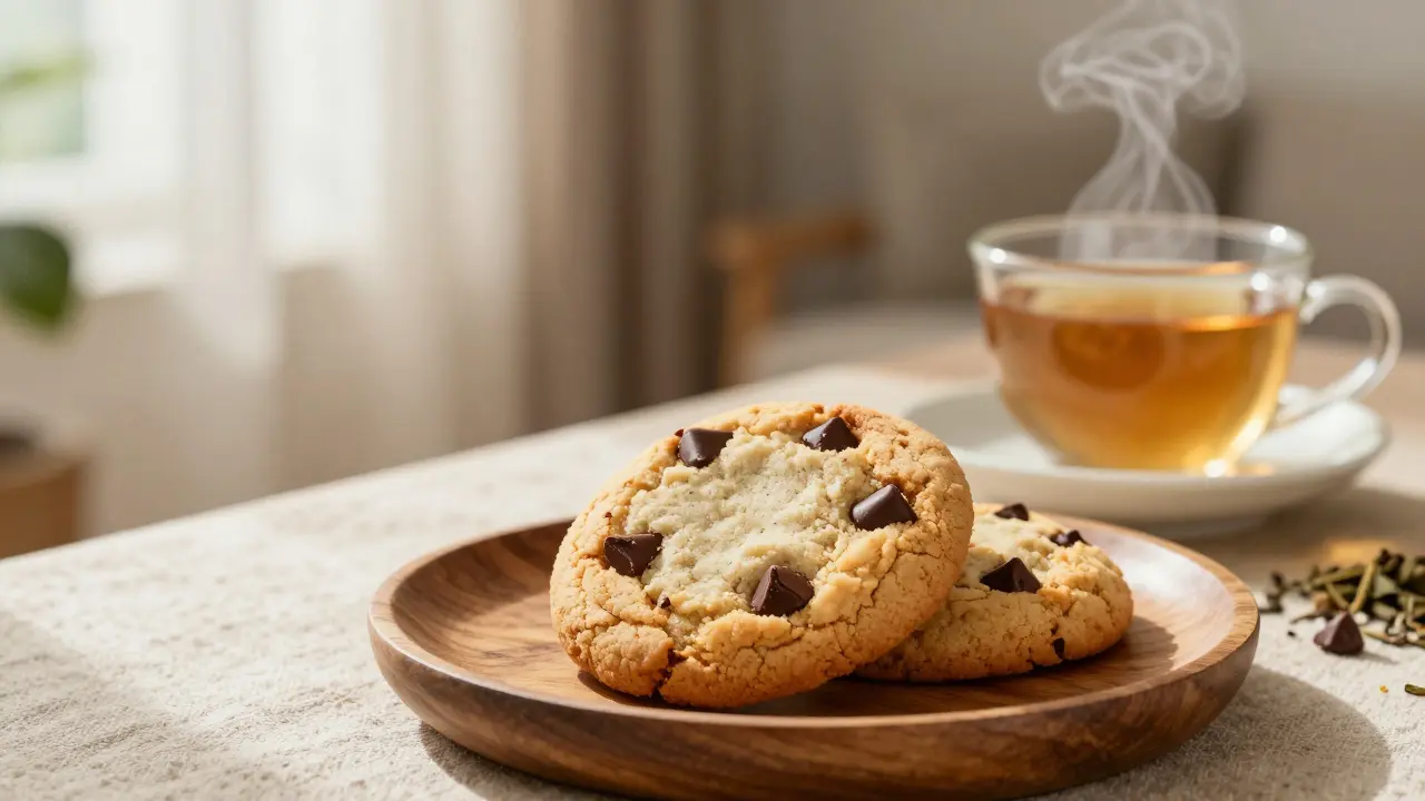 Gurmánské CBD cookie na dřevěném talířku vedle šálku teplého čaje.