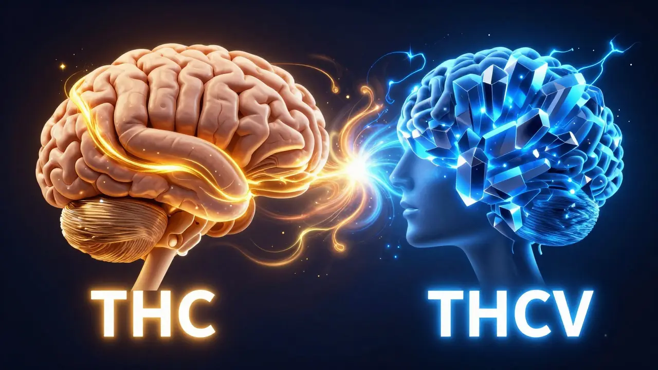 Konceptuální ilustrace interakce mezi tlumivým THC a stimulujícím THCV.