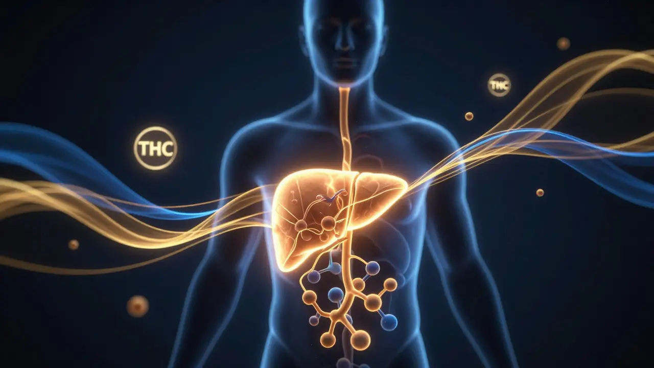 Konceptuální znázornění metabolismu kanabinoidů v těle