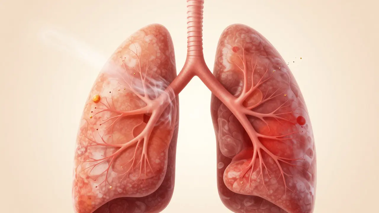 Konceptuální ilustrace dráždění plic při inhalaci aerosolových olejů
