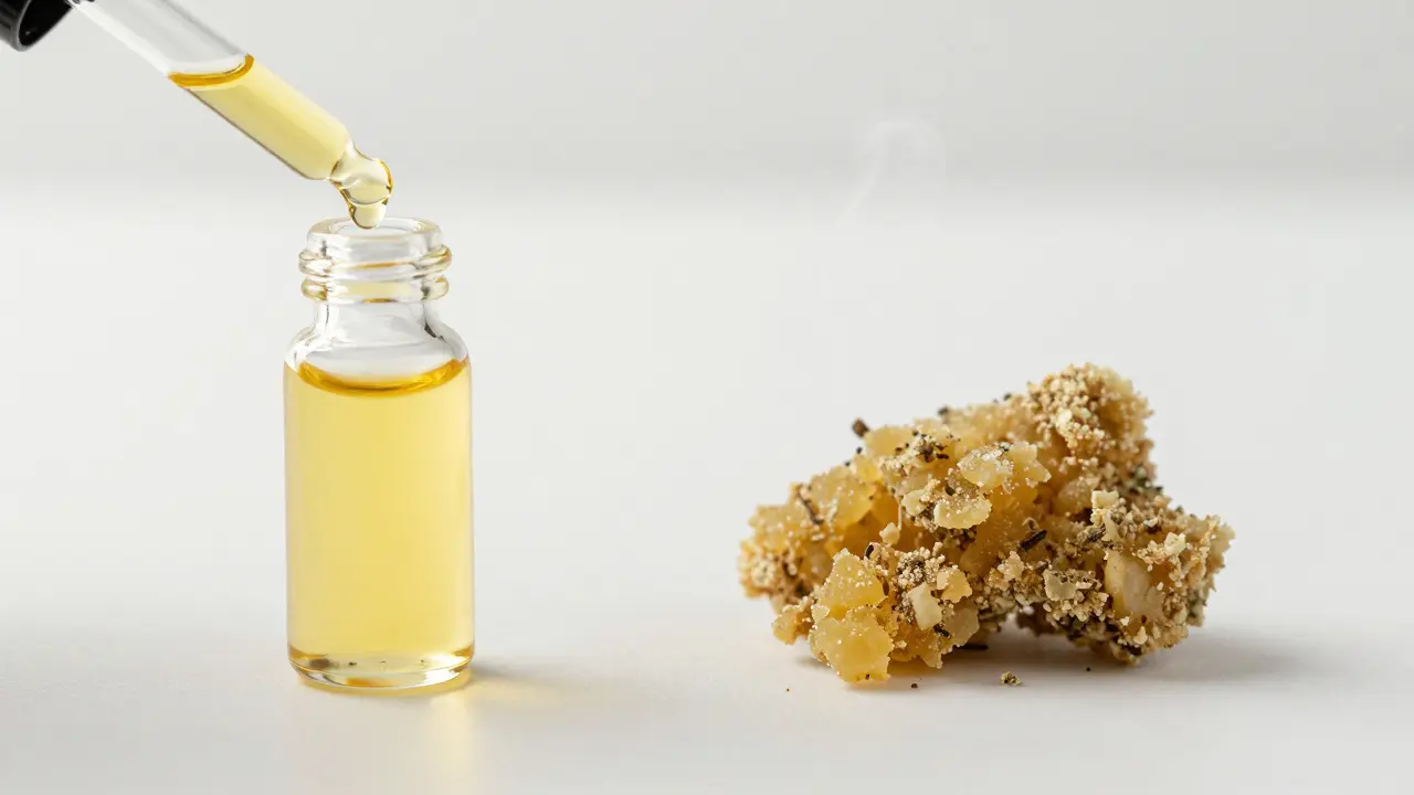 Makro záběr CBD oleje a THC crumble extraktu