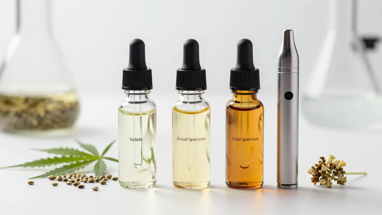 Tři typy CBD extraktů ve skleněných baňkách vedle vaporizéru