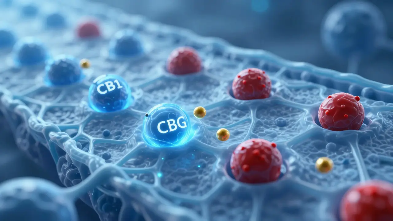 Abstraktní vizualizace molekul CBG interagujících s receptory v těle