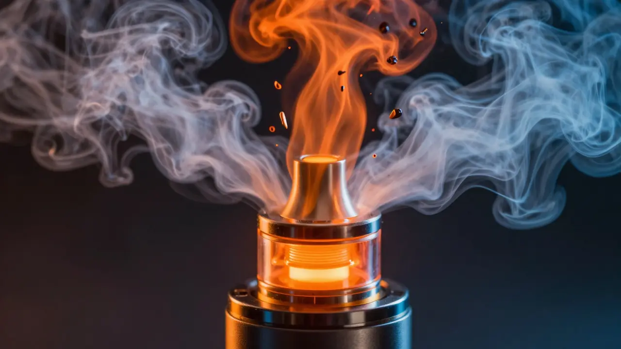 Kulatý výpar z vape zařízení s abstraktními znaky rizik pro plíce