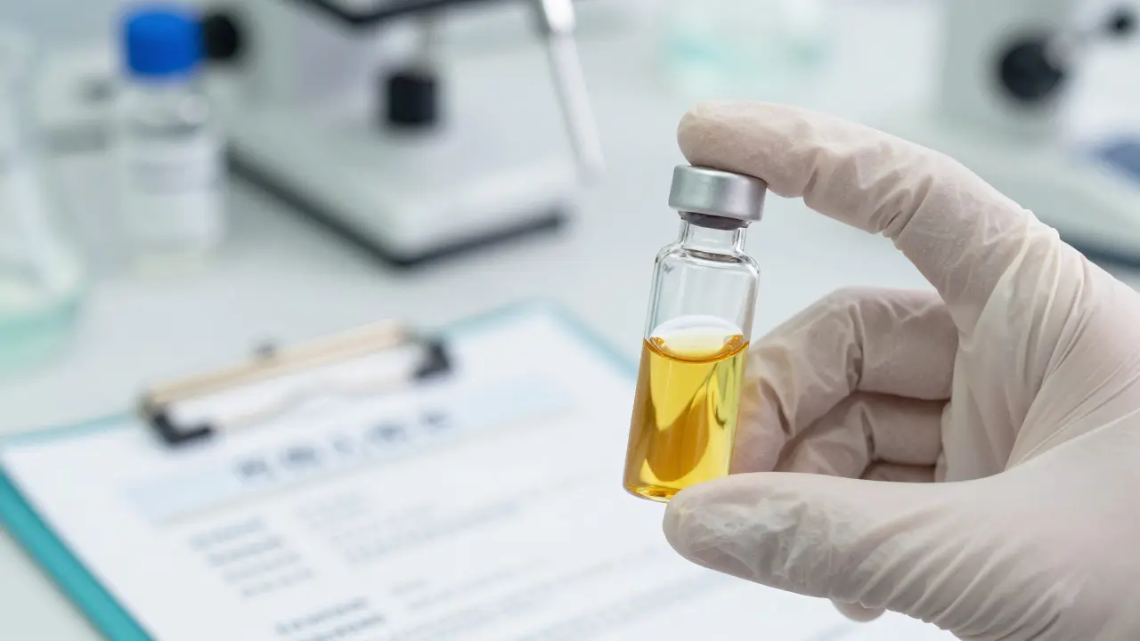 Laboratorní sklenice s čistým konopným olejem pro testování kvality