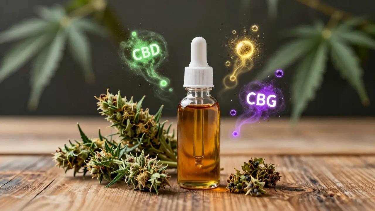 Lahev CBD oleje s čerstvým konopím a abstraktní vizualizace entourage efektu