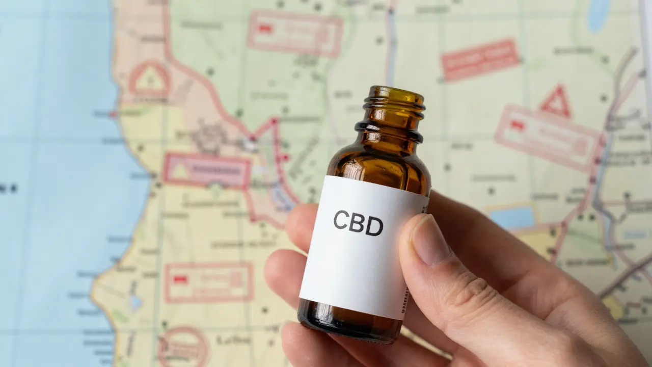 Lahev s CBD kosmetikou před mapou Idaha symbolizující přísné testování.