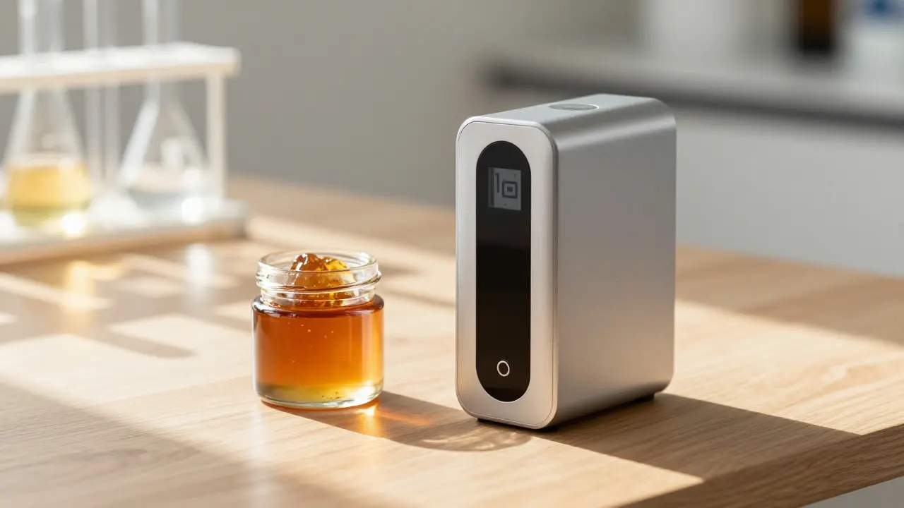 Moderní vaporizér a CBD distilát na stole s důrazem na kvalitu