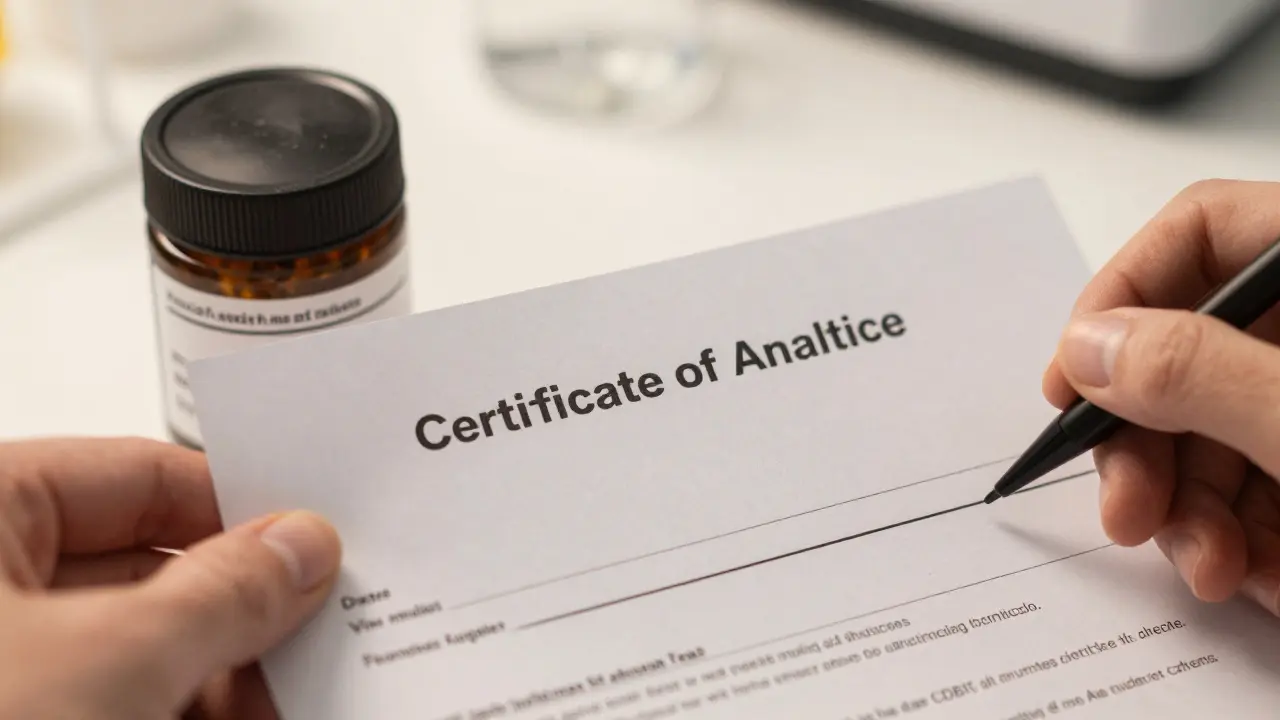 Ruka drží certifikát kvality vedle nádoby s CBD produkty
