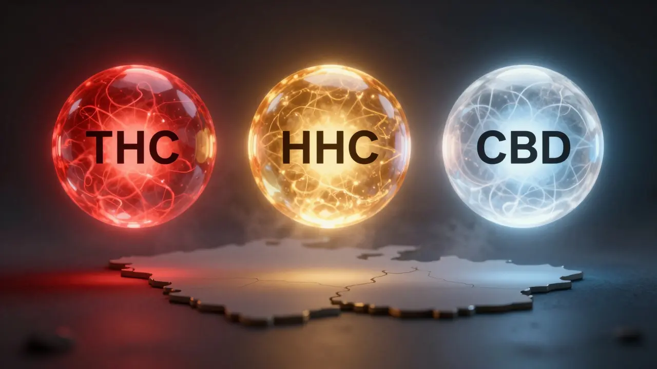 Srovnávací umělecká kompozice kanabinoidů HHC, THC a CBD nad Českem