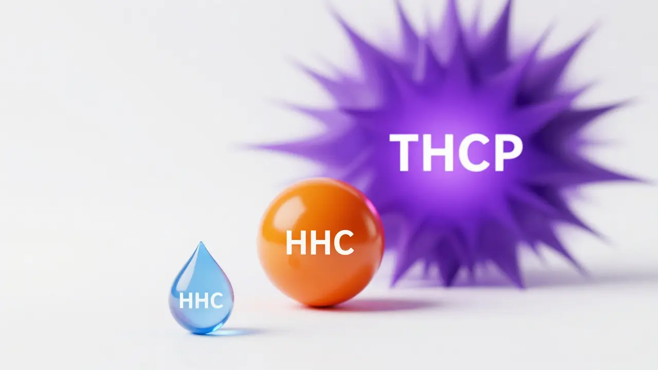 Symbolické srovnání síly účinku HHC, delta-9 a THCP