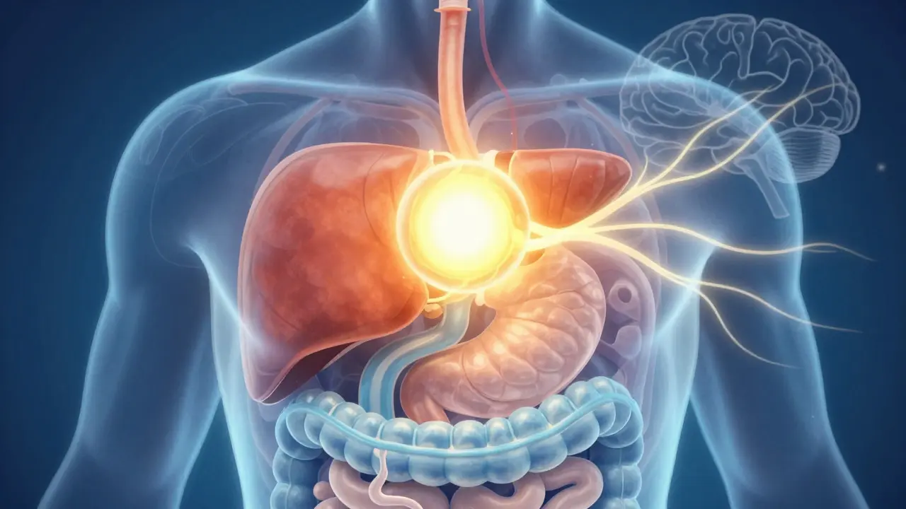 Abstraktní ilustrace ukazující metabolismus THC v játrech a těle