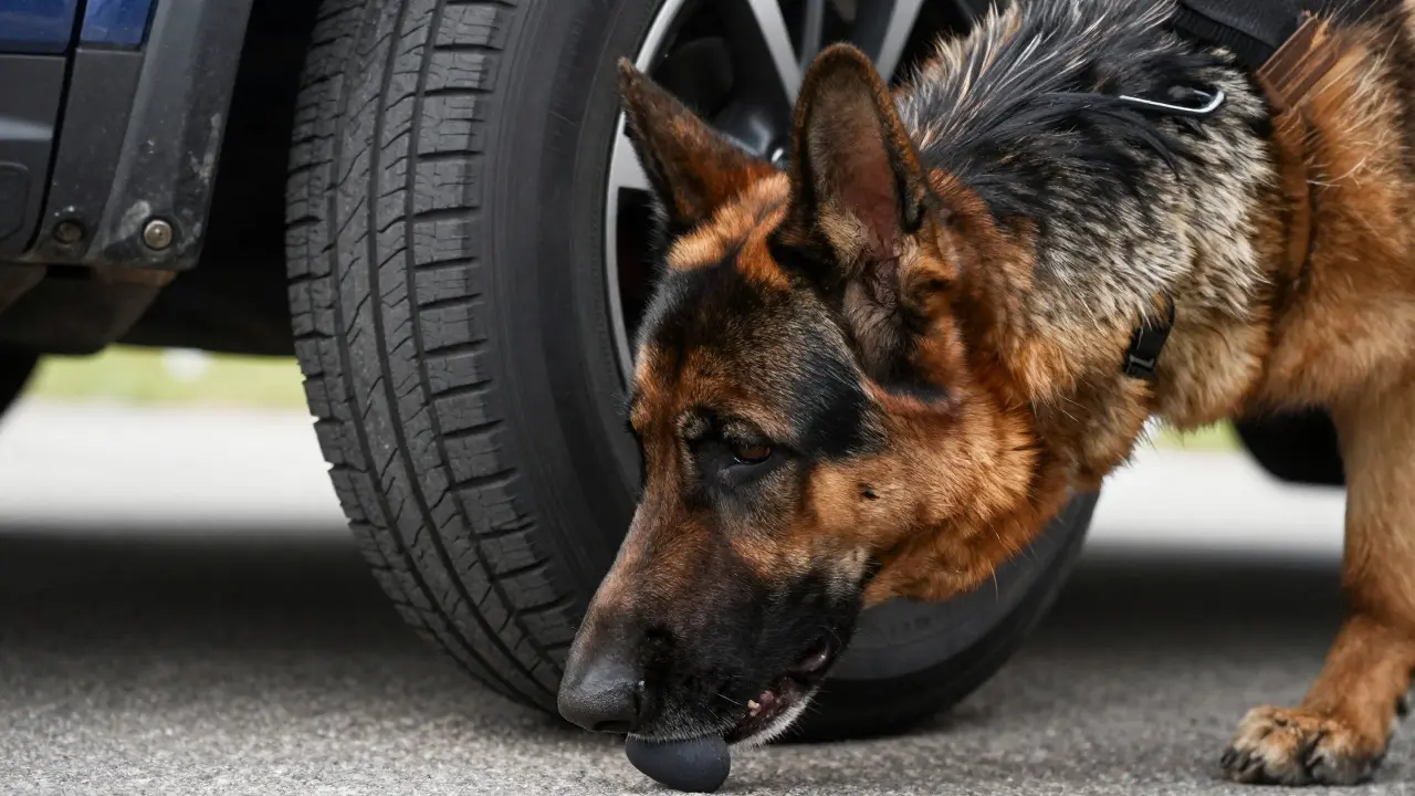 German Shepherd detection dog sniffing near a car wheel well