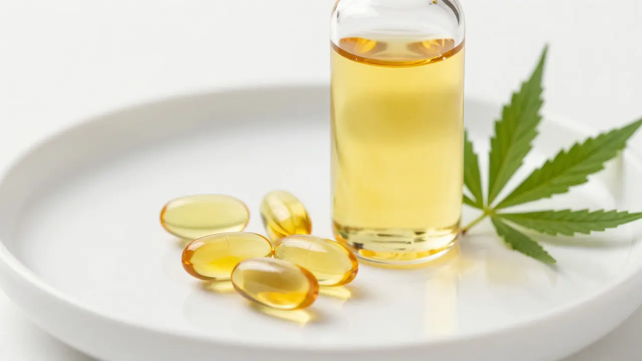 Kapsle CBD a olej na bílém podkladu s konopným listem