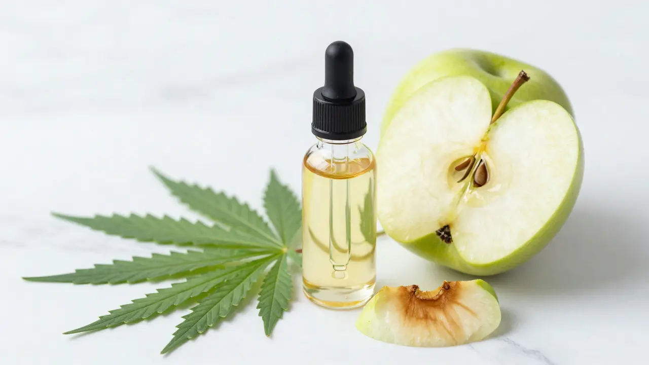 Lahev konopného oleje vedle čerstvého jablka jako symbol antioxidantů