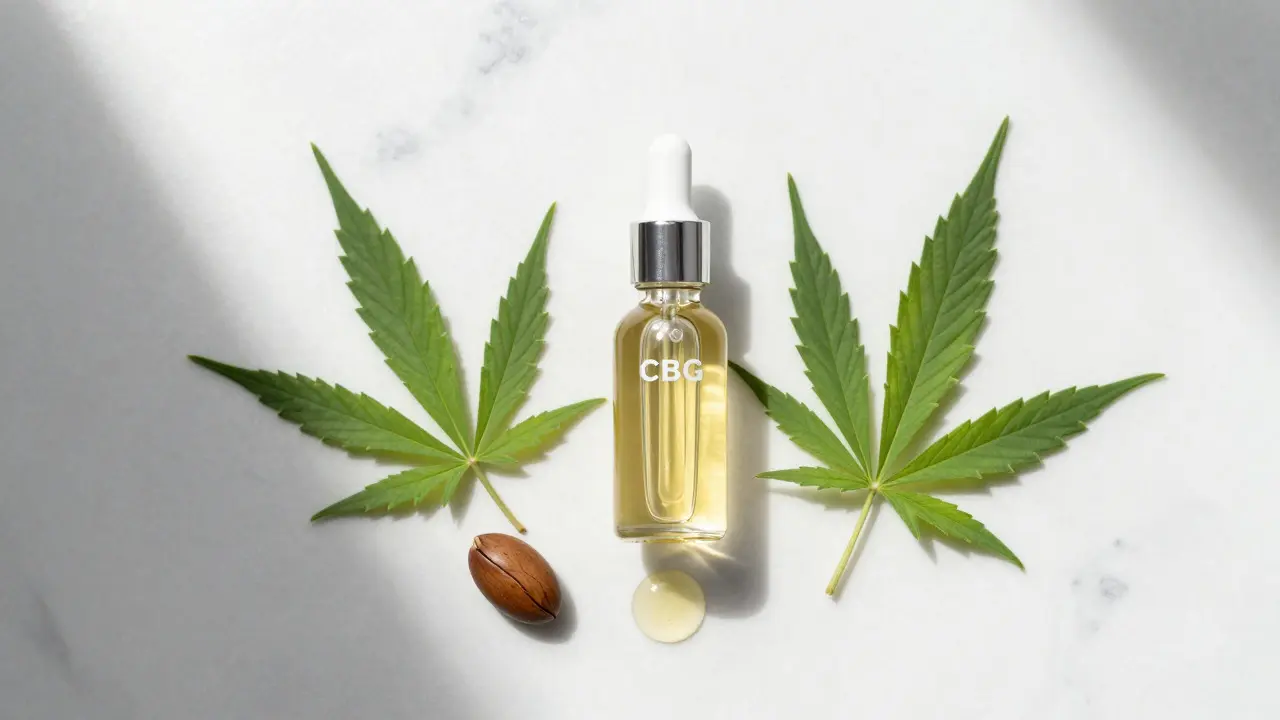 Minimalistické uspořádání lahvičky oleje CBG a přírodních ingrediencí