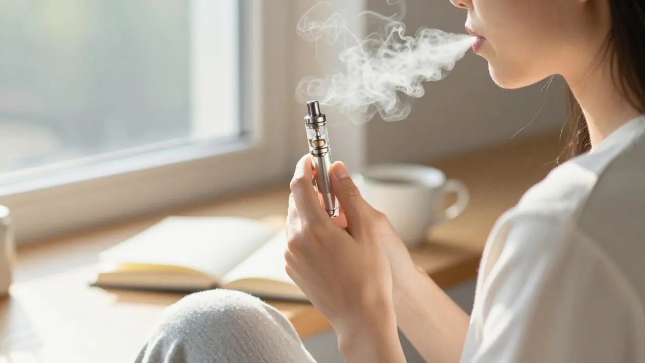 Person vaping CBD calmly in morning sunlight