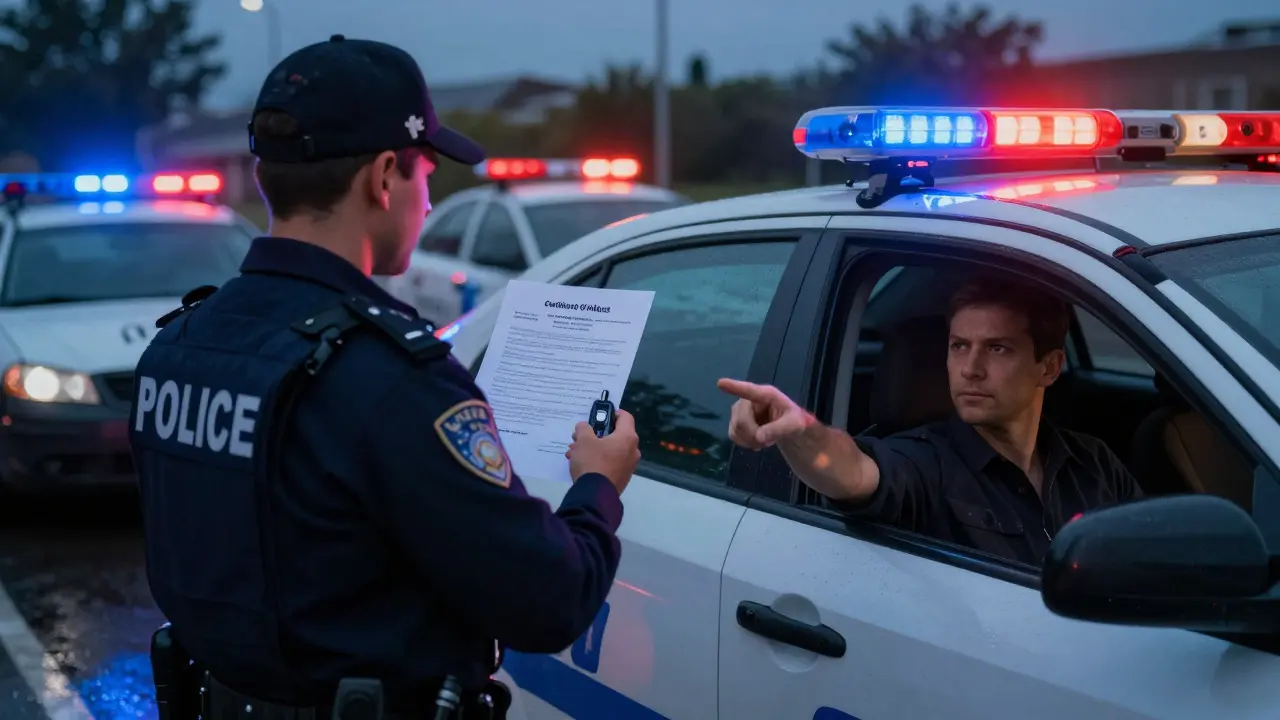 Policista kontroluje řidiče, který ukazuje certifikát
