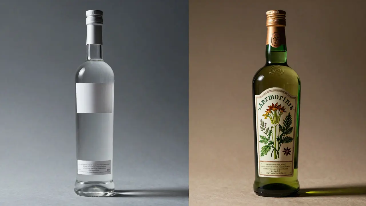 Porovnání lahví vodky a absintu zdůrazňující rozdíl v surovinách