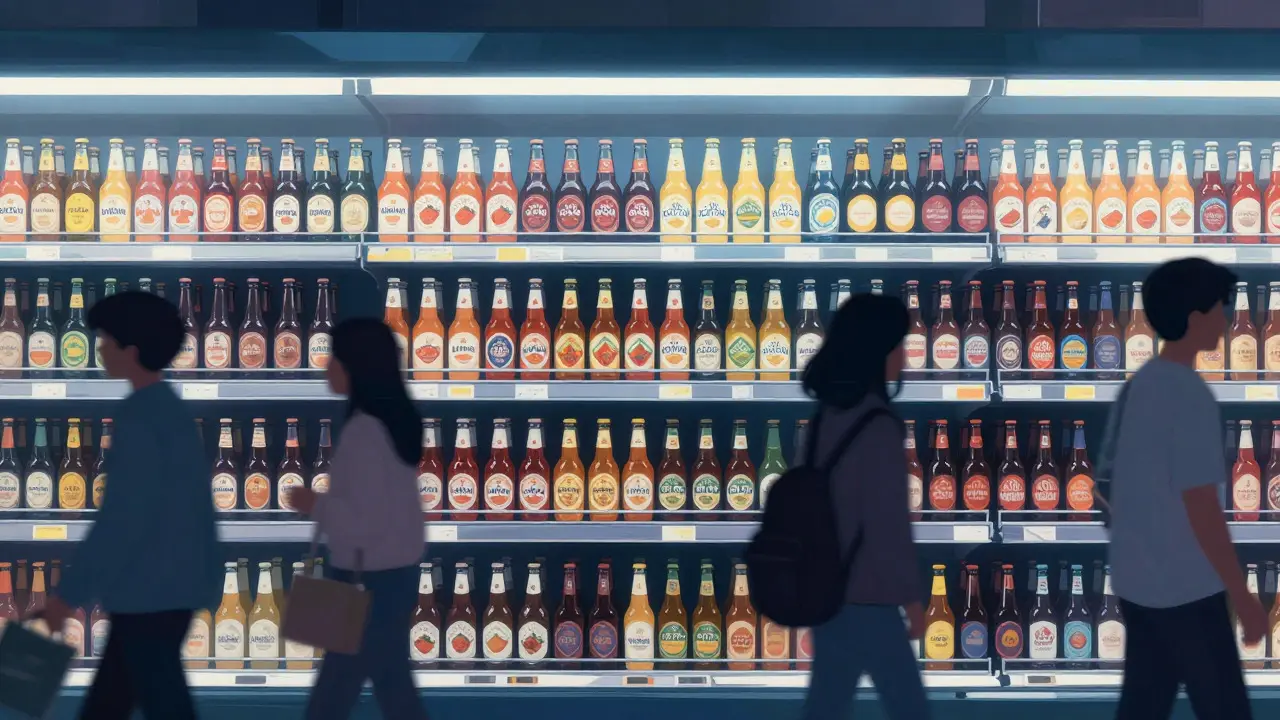 Supermarket aisle filled with Mexican beer bottles under cool lighting