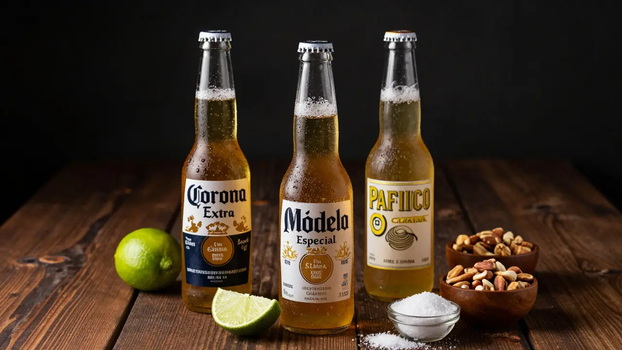 Three Mexican beer bottles with lime and snacks on a wooden table