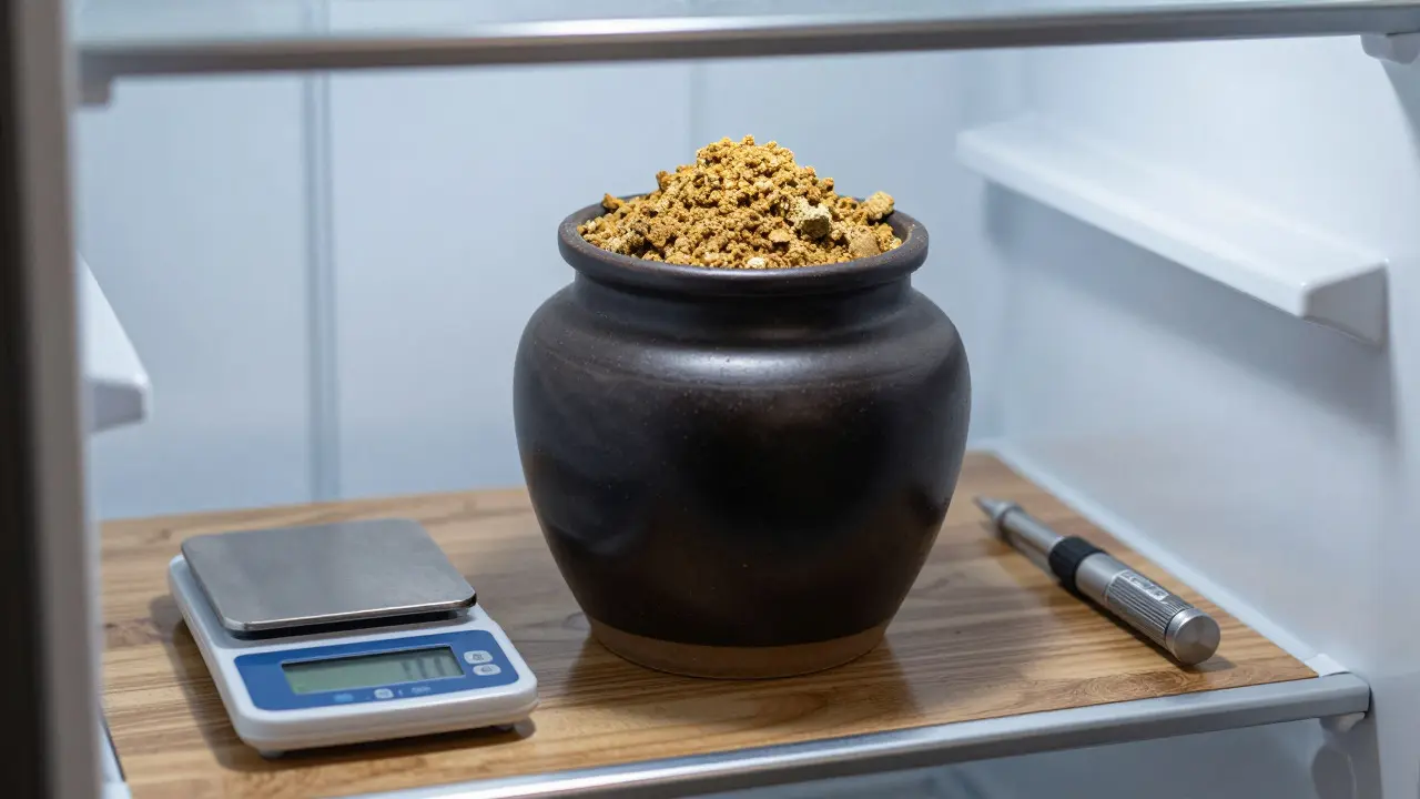 Tmavá nádoba s CBD crumble v lednici vedle váhy pro přesné dávkování