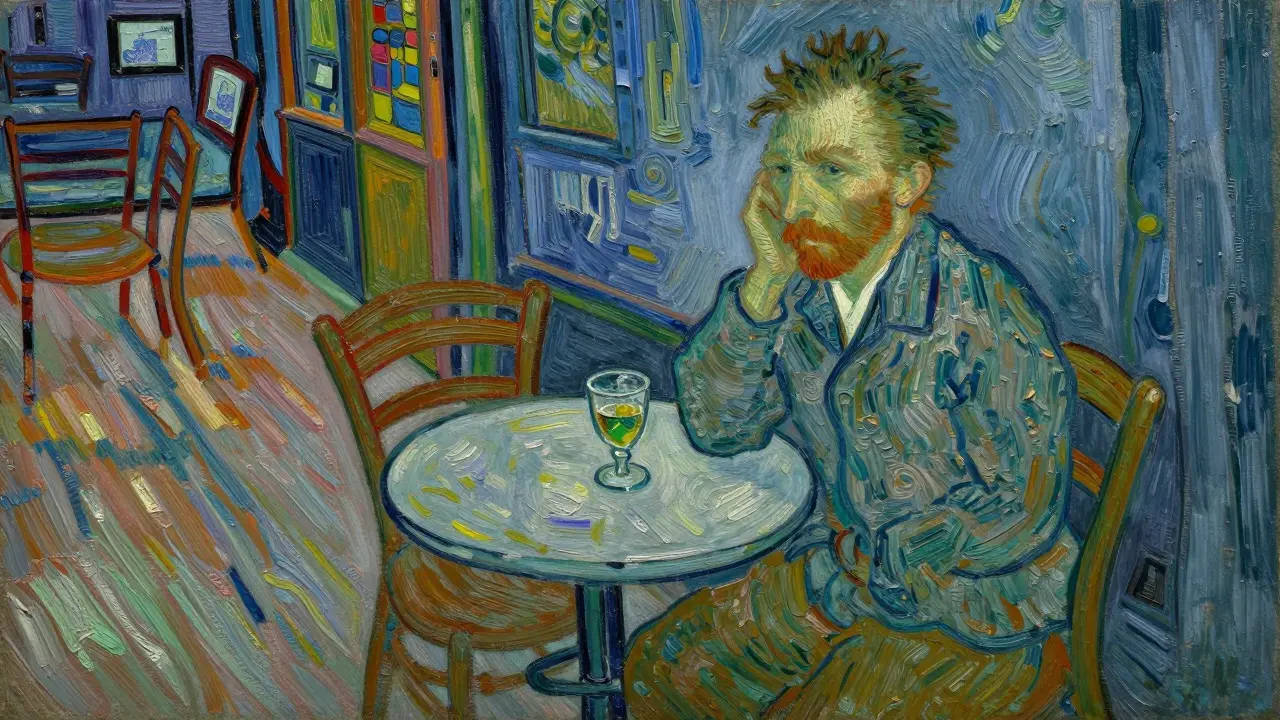 Vincent van Gogh u stolu s absinthem ve stylu olejomalby