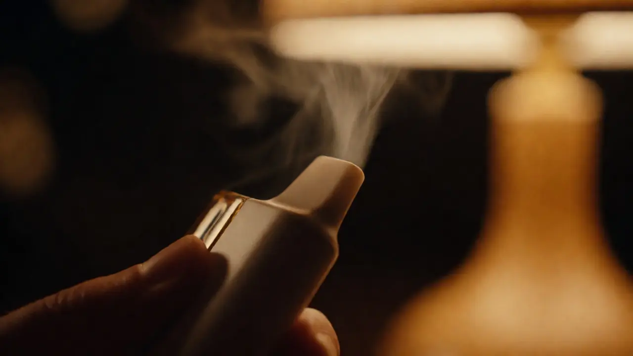 Detailní záběr na CBD vape s stoupající párou v teplém osvětlení