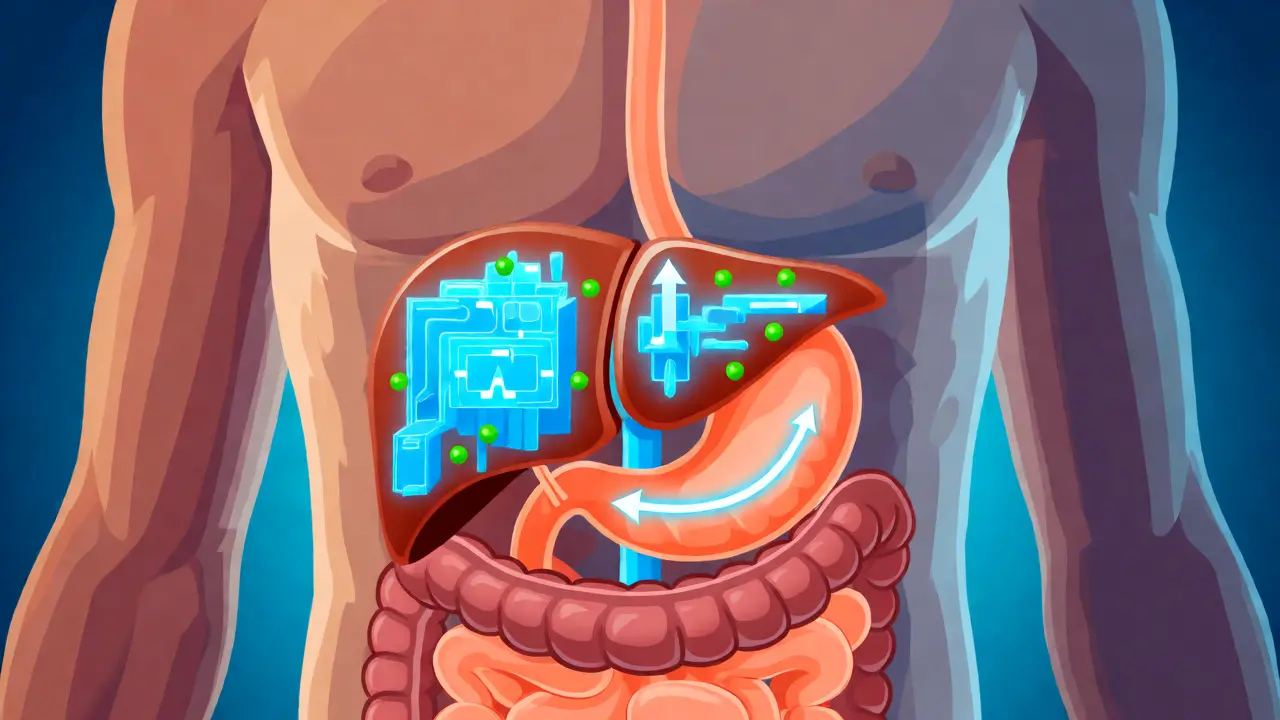 Ilustrace lidského těla s důrazem na játra přeměňující THC na silnější metabolit.