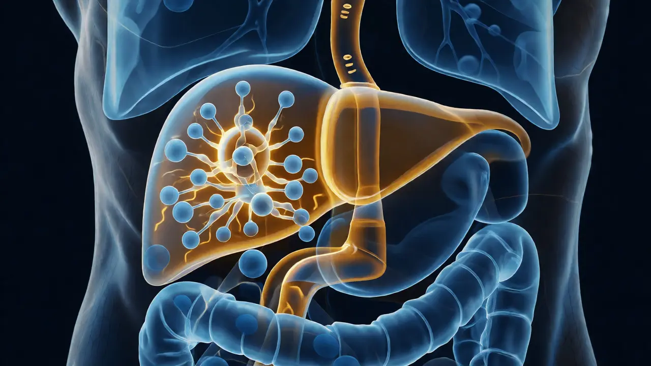 Ilustrace metabolismu CBD v těle seniora s důrazem na játra