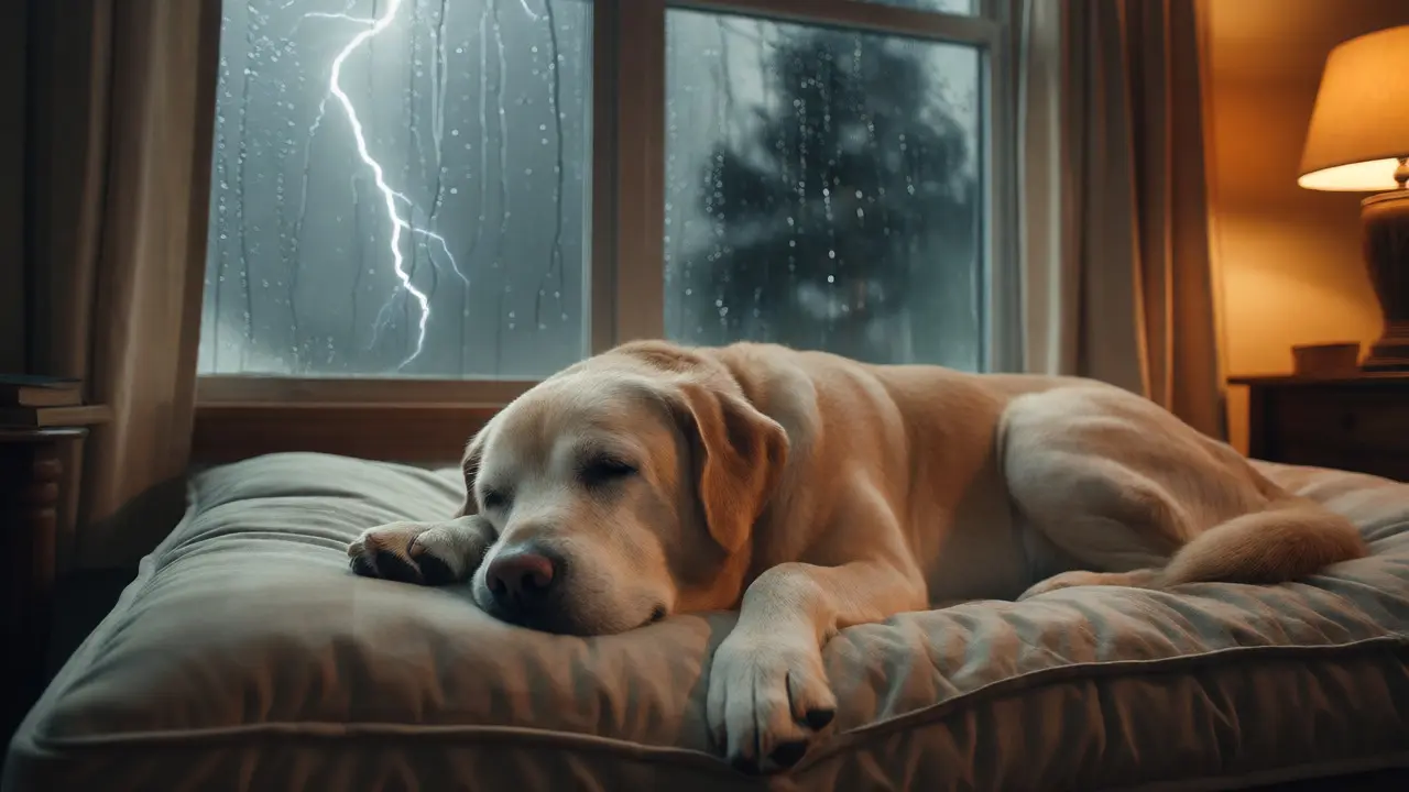 Klidný starší labrador odpočívající u okna během bouřky s blesky venku