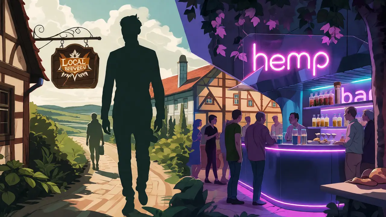 Konceptuální ilustrace budoucnosti trhu s konopnými nápoji a řemeslnými pivovary.